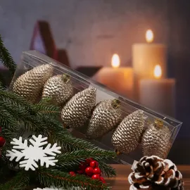 MARELIDA Christbaumschmuck Baumschmuck Tannenzapfen bruchfest glitzernd H: 8cm 6St. (Creme)