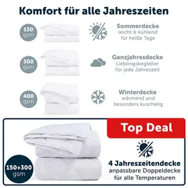 Blumtal 4 Jahreszeiten Bettdecke 155x220 cm - zusammenknöpfbare vier-Jahreszeiten-Bettdecke - Sommerdecke - Winterdecke - Weiß,