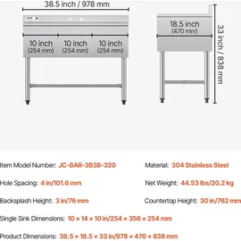 Vevor Spülbecken mit 3 Becken & Spritzschutz 978 x 470 x 838 mm Silber