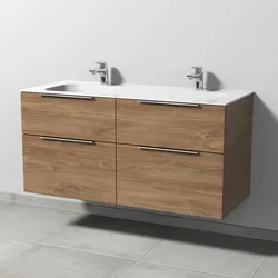 Sanipa Keramik-Waschtisch-Set mit Waschtischunterschrank „3way“ 119 × 49,7 × 58,2 cm in Eiche-Kansas, mittig