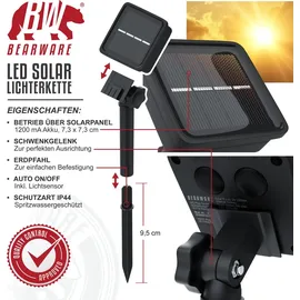 Bearware LED Lichterkette Solar 10 m warmweiß - Innen und Außen - Solarpanel mit Akku 1200mAh - 100 Leds warmweiß - 2 Modi: blinkend und stetig