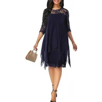 ORANDESIGNE Damen Spitzenkleid 3/4 Ärmel Cocktailkleid Festliche Ballkleid Brautjungfernkleider Für Hochzeit Knielang Abendkleider Dunkelblau XXL - XXL
