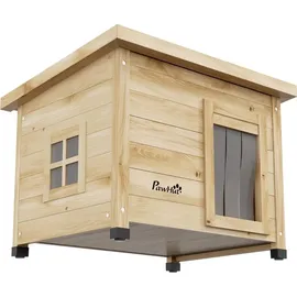 PawHut Katzenhaus aus Holz, Katzenhütte Outdoor, Katzenhöhle mit Türvorhang Gelb