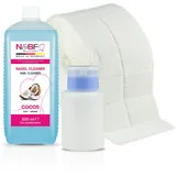 NAILS FACTORY | N&BF Nagel Cleaner Set mit Duft 500ml + Dispenser Pumpflasche Blau 150ml + 1000 Zelletten Cellulose Pads (2 Rollen à 500 Stück) - 70% Isopropanol-Alkohol – für Gelnägel – (Kokosnuss)