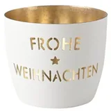 Giftcompany Gift Company [SA2026/08] Madras, Windlicht, M, Motiv: Frohe Weihnachten, weiß/Gold H8,5, D10cm