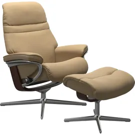Stressless Relaxsessel STRESSLESS "Sunrise", beige (sand paloma), B:92cm H:105cm T:80cm, Leder PALOMA: PALOMA ist ein durchgefärbtes Semianilin-Möbelleder mit natürlicher Narbung., Sessel, Relaxsessel, mit Hocker, mit Cross Base, Größe S, M & L, Holzakzent Braun