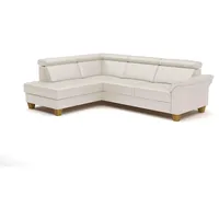 CAVADORE Leder-Schlafcouch Ammerland mit Ottomane / Landhaus-Sofa mit Federkern, Bett, Bettkasten + Kopfteilverstellung / 245 x 84 x 194 / Leder Weiß