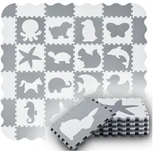 Juskys Puzzlematte Timon, mit 16 Tiermotive und Randelementen grau 150 cm x 150 cm x 1.4 cm