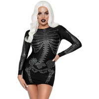 Leg Avenue Kostüm Skelett Strasskleid schwarz, Knappes, enganliegendes Langarmkleid mit glitzernden Knochen schwarz L
