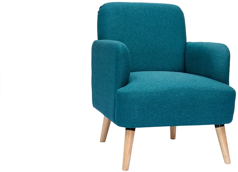 Fauteuil scandinave en tissu bleu canard et bois clair ISKO