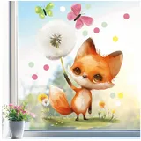 Sunnywall Fensterbild Fensterdeko Fuchs Pusteblume Fensteraufkleber statisch selbstklebend beidseitiger Druck Aufkleber Fenstersticker WIEDERVERWENDBAR A4