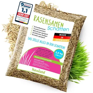 halmland® Rasensamen Schattenrasen schnellkeimend 2,5kg für 100m2 - TEST SEHR GUT - Premiumrasen für Schattenbereiche - Grassamen trockenresistent Frühjahr - made in Germany - Schattenrasensamen