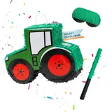 Relaxdays Pinata Traktor, mit Stab und Maske, Fahrzeugpinata, dunkelgrün/rot