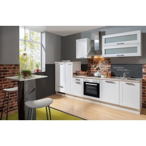 Einbauküche "White Premium" weiß matt Landhausfront inkl. E-Geräte, Apothekerschrank 300 cm