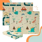 Relaxdays Spielmatte, Faltbare Kindermatte, Autos & Dino, 200 x 150 cm, Xpe-schaumstoffmatte, Krabbelmatte Baby, bunt