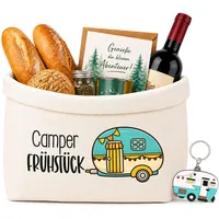 2 Stück Camper Geschenke Set, Brotkorb Camper Frühstück & Schlüsselanhänger, Brötchenkorb aus Baumwolle, Wohnwagen Deko Camping Zubehör für Urlaub, Junge Mädchen, Frauen, Männer