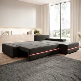 Juskys Sofa Davos mit Schlaffunktion Bettkasten, & - Stoff Schlafsofa L Form Couch Beleuchtung - Dunkelgrau
