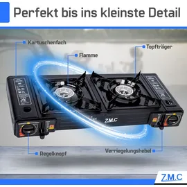 ZMC Doppel Kartuschenkocher 2 flammig Outdoor Campingkocher Herd 2in1 DOPPEL 2Fach Gasherd Ofen Kochfeld ohne Gaskartuschen