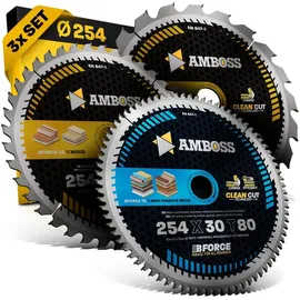 Amboss Werkzeuge Ø254 Tisch- Kreissägeblatt Set passend für Bosch GTS 10, PTS 10, PTS 100 T, Festool TKS80, Scheppach HS105, Metabo TK250, TS254 - AMBOSS WERKZEUGE® 254x30 Sägeblatt Sortiment