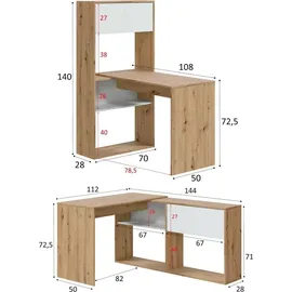 Dmora Eckschreibtisch Dmangn Weiß / Eiche