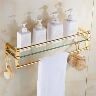 YhOuuA Glasregal für die Dusche, Badezimmerregal aus Metall und Glas mit Handtuchhalter/-Stange, an der Wand montierter Badezimmer-Organizer, 40 cm/50 cm/60 cm, goldenes Finish (Gold 60 cm/23,6 Zoll)