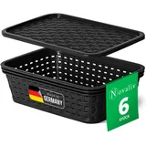 Novaliv 6er Set Aufbewahrungsboxen mit Deckel Mini 1L Korb Schwarz in Rattan Design Lebensmittelecht Aufbewahrungskorb Stapelboxen Nestbar Kunststoff BPA-frei Kiste Verstaubboxen mit Deckel