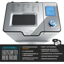 Arendo Brotbackautomat 550W, Brotbackmaschine, 25 Programme, glutenfreies Backen, Joghurtfunktion, 1 kg Kapazität, Direktantrieb