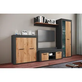 VCM Wohnwand Usilo Anthrazit, / Honigeiche, H. 159 x B. 242 x T. 37 cm,