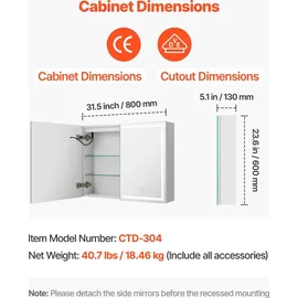 Vevor beleuchteter Medizinschrank mit Spiegel (60 x 80 cm) Wandmontage, 3-farbig dimmbarer LED-Badezimmerschrank mit HD-Spiegel, Memory-Funktion/verstellbaren Regalen, Stauraum/Steckdosen und USBs