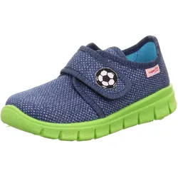 Hausschuh SUPERFIT "BOBBY WMS: M IV", Kinder, Gr. 30, bunt (dunkelblau neongrün fußball), Textil, sportlich, Schuhe, Klettschuh, Kindergarten Schuh mit Fußball-Stickerei
