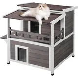 VEVOR Katzenhaus für draußen, wetterfest, Unterschlupf für Wildkatzen für mehrere Katzen, großes 2-stöckiges Katzenhaus aus Holz für draußen mit Balkon, Türen, PVC-Türklappen und offenem Dach