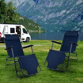 ETC Shop Klappstuhl Gartenstuhl mit Kopfkissen Strandstuhl Sonnenliege Hochlehner Campingstuhl Liegestuhl klappbar, Metall Textil blau schwarz, max. 100kg, L 153 cm