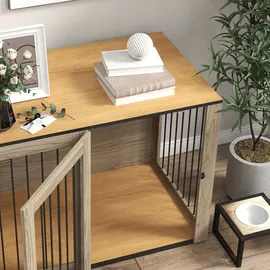 PawHut Hundekäfig Möbel, mit Tür und Fenster, Beistelltisch für Zuhause Eiche