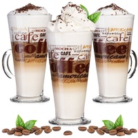 PLATINUX Latte-Macchiato-Glas Kaffeegläser mit Kaffee-Motiv, Glas, mit Griff Set 3-Teilig 200ml (max. 280ml) Glas Latte Macchiato Gläser