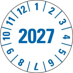Dreifke® Prüfplakette 2027, weiß, Folie,m.Spezialkl.,Oberflächenschutz, Ø25mm, 500/Rolle