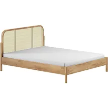 Home Affaire Bettgestell Olive, Bettpfosten Eiche massiv und furnierten Bettseiten (mit hochwertigem Rattan-Geflecht Kopfteil, Rahmen Eiche massiv), ohne Lattenrost, mit höhenverstellbarem Rahmenbeschlag, zwei Breiten beige 168,5 cm x 208,5 cm x 90 cm