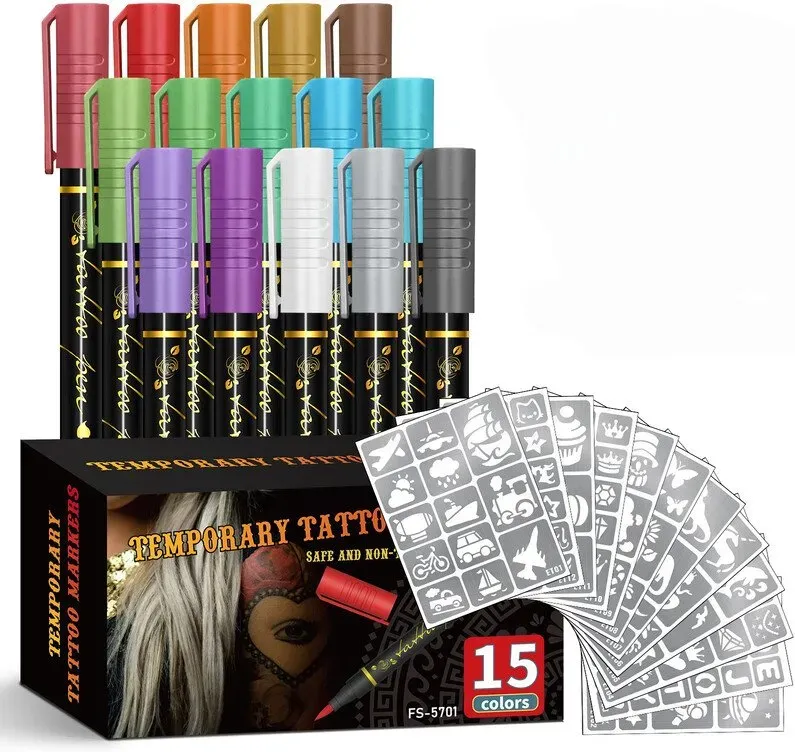 15 Farben Temporäre Tattoo-Stifte Set, 12 Tattoo-Schablonen, Professionelle Körperkunst-Marker für Kinder und Erwachsene, Festival-Partybedarf
