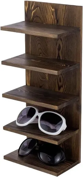 MyGift 5-stufiger Rustikaler Sonnenbrillenhalter aus Massivholz, Wandmontiertes Brillenregal oder Tisch-Display-Ständer, Einzelhandels-Brillen-Showcase-Organizer