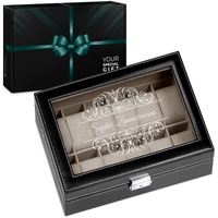 Maverton Uhrenbox mit Gravur für 12 Uhren - 30x20x8cm - Uhrenkasten aus Kunstleder - Schwarz - Geschenk für Damen - Motiv