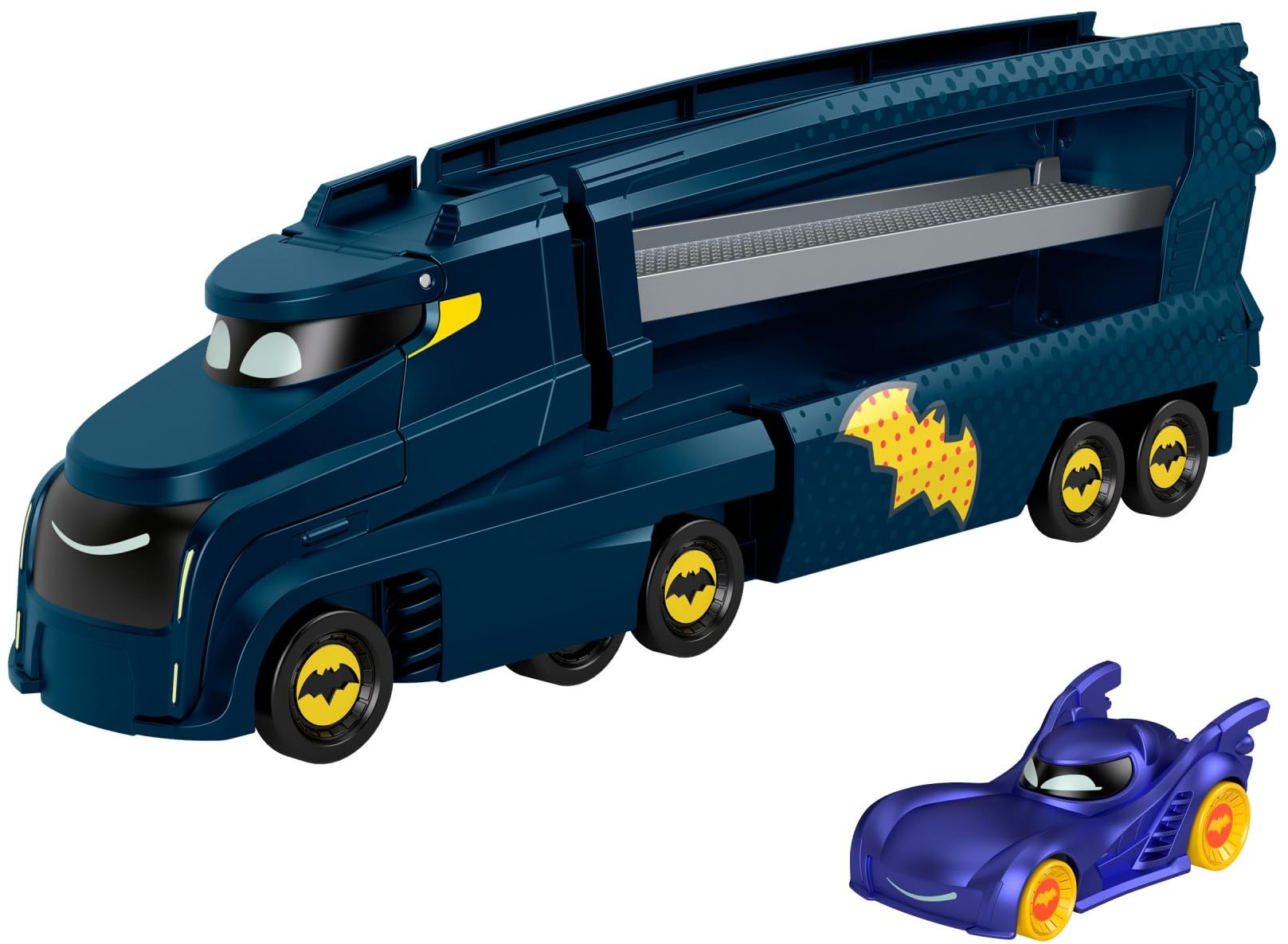 Fisher-Price DC Batwheels Spielzeug-Transporter und Auto, Bat-Großtransporter mit Rampe und Bam das Batmobil, Maßstab 1:55, Die-Cast Spielzeug-Fahrzeug, ab 3 Jahren, HMX07
