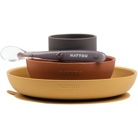 Nattou Silikon-Geschirr für Kinder, 4-tlg., Teller + Schale rutschfest, BPA-frei, Silicon, Orange/Rot