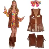 Morph Hippie Damen Kleid Kostüm Zeitreise Schlagermove Outfit 70er Mottoparty Schlager In Größen Erhältlich, XL - XL