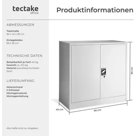 Tectake tectake® Aktenschrank aus pulverbeschichtetem Stahl, 2 höhenverstellbare Einlegeböden, 90 x 40 x 90 cm