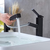 KAIYING Badezimmer Pull Down Vessel Spülbecken Wasserhahn, Einloch Waschbecken Wasserhahn mit herausziehbarem Sprüher, Einhandgriff Utility Mischbatterie mit drehbarem Auslauf (hoch, schwarz)