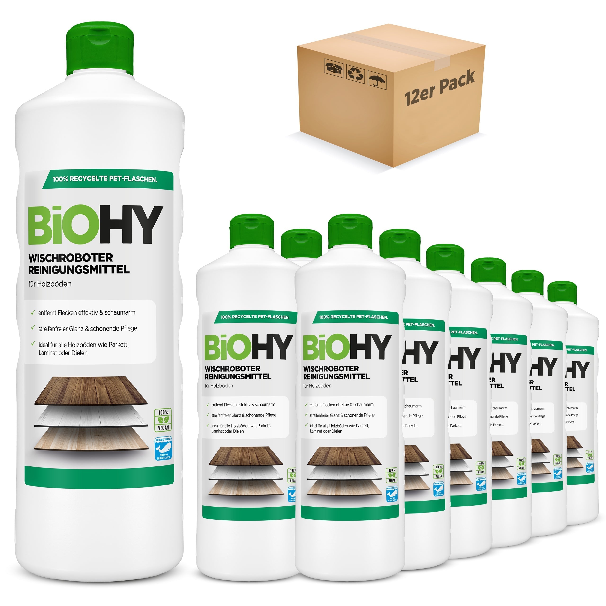 BiOHY Wischroboter Reinigungsmittel für Holzböden, Reiniger für Wischroboter, Nicht schmäumender Bodenreiniger, Bio-Konzentrat 12er Pack (12 x 1 Liter Flasche)