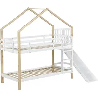 Hochbett Hausbett, Etagenbett mit Rutsche und dreistufiger Winkelaufstiegsleiter, Kinderbett mit Absturzsicherung, Bettrahmen aus Massivholz,A