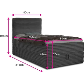 Sofnet Boxspringbett Mollo Mini mit Bettkasten und Matratzentopper - Einzelbett mit Bonell-Matratze und Topper, Polsterbett in weichem Cordstoff, Bett, Sc... - Grau (Tilia 86),