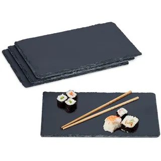 Relaxdays Schieferplatte, 4er Set, rechteckige Servierplatte, 26 x 16 cm, für Käse, Sushi, Desserts, Buffet, Anthrazit