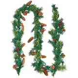 Vevor Weihnachtsgirlande, 2750 mm künstliche Tannengirlande mit Lichterkette, Weihnachtsdeko mit Beeren-Büscheln, Tannennadeln, Tannenzapfen, realistische Weihnachtskollektion für Kaminsims & Kamin