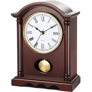 AYRELY Klassische Kaminuhr – Elegante Tischuhr im Holzdesign mit goldfarbenem Pendel, Vintage Standuhr für Wohnzimmer, Schlafzimmer & Landhausstil Deko